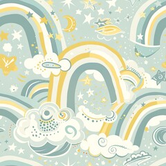 Whimsical Sky Pattern with Rainbows, Stars, and Clouds