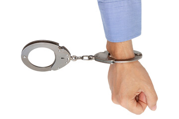 hand buckled in handcuffs, on an isolated white background