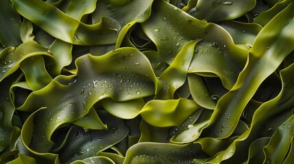 Vibrant Green Seaweed Texture with Water Droplets Close-Up