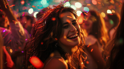 Fototapeta premium A woman is dancing and smiling in a party with many people around her. The atmosphere is lively and fun
