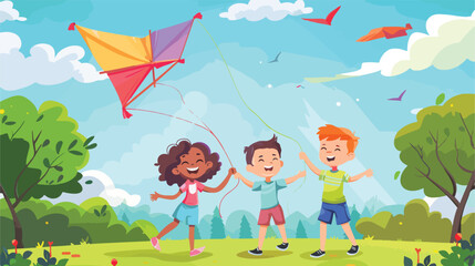 Group of happy children with kite in park Vector style