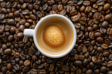 Fototapeta premium Top View of a Coffee Cup Surrounded by Coffee Beans 