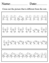 Crab Puzzle. Printable Activity Page for Kids. Educational Resources for School for Kids. Kids Activity Worksheet. Find the Different Object
