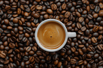 Fototapeta premium Top View of a Coffee Cup Surrounded by Coffee Beans 