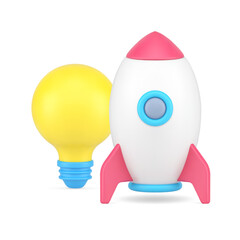 Startup business innovation idea launching spaceship illuminated light bulb 3d icon vector