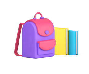 Educational backpack with paper books stack back to school knowledge learning 3d icon vector