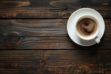 Top view of a freshly brewed cup of coffee, placed on a flat, dark wooden table Copy space for text 