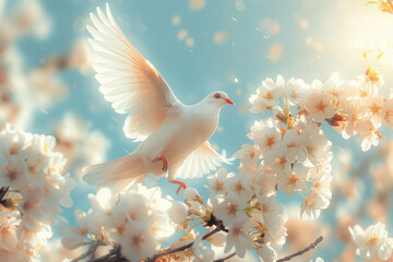 A dove, pigeon flies against the background of a sunny sky and beautiful flowers