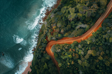 top view of a winding road in the forest near the ocean 