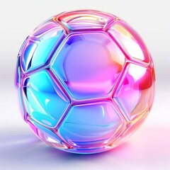Naklejka premium Surreal holographic soccer ball shines on a white surface, creating a mesmerizing display of color and light.