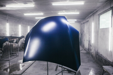 Car parts drying after final painting. Professional painted of automobile in paint chamber. Vehicle...