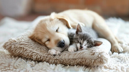 A pair of sleepy puppy and kitten resting in a sunbeam, their paws intertwined in a loving embrace. Ai generated