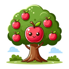 Adorable vector illustration of an apple tree with smiling apples in a cheerful landscape.