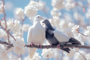 Two doves pigeons sit on a branch and hug, background of flowers and the sky