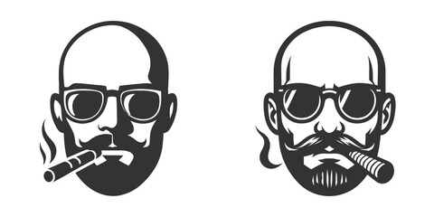 Bold vector illustration of a bald man with a beard, sunglasses, and smoking a cigar.