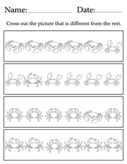 Crab Puzzle. Printable Activity Page for Kids. Educational Resources for School for Kids. Kids Activity Worksheet. Find the Different Object