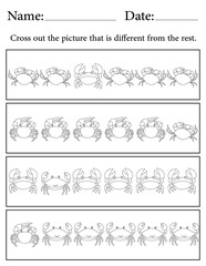 Crab Puzzle. Printable Activity Page for Kids. Educational Resources for School for Kids. Kids Activity Worksheet. Find the Different Object