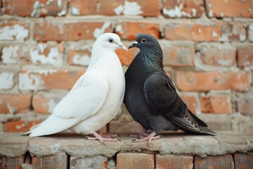 Two doves pigeons sit on a branch and hug, brick wall background