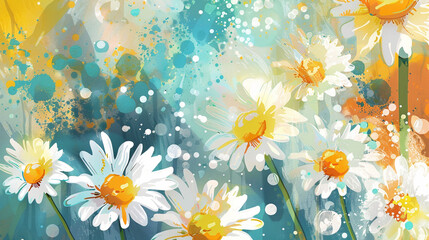 Obraz premium Painted background featuring daisies with splashes of vibrant colors and dynamic brush strokes