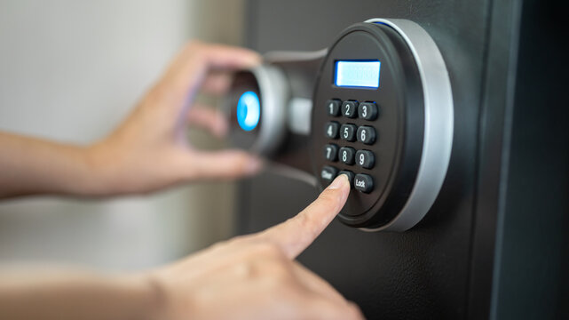 Action of people hand is unlocking to open the safe box door by pressing password on the number panel. Close-up and selective focus.