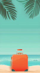Orange suitcase on a sandy beach with tropical leaves and turquoise ocean background. Vertical banner with copy space
