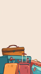 Illustrated vertical banner with copy space and colorful luggage stacked at the bottom of a beige background