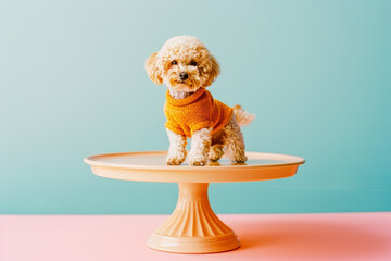 Small dog in orange sweater on cake stand