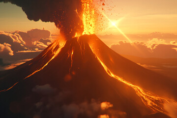 Volcanic eruption process. Landscape of volcano with exploding and flowing lava and magma. Hot volcanic magma eruption and exploding with smoke infernal. Natural disaster concept