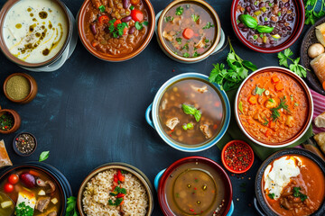 Top view of various types of soup, sauces and side dishes on dark background 