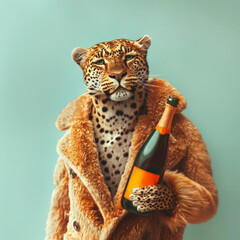 Leopard in fur coat holding champagne