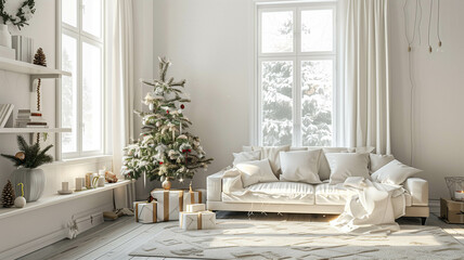 Simple yet stylish Scandinavian Christmas interior featuring white decor. Ai generated