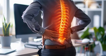 man wearing shirt have a back pain. employee back ache in the office. inflammation showing back bone and yellow red light on his hurt.