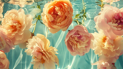 Peonies Floating in Water with Sunlight Reflections
