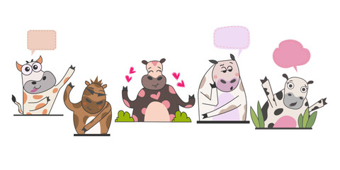 crazy funny cow cartoon with speech bubble,crazy cattle,vector isolated,cow in style png set.
