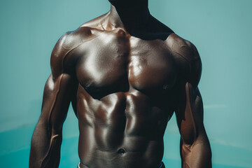 Torso of an African American fitness model with clearly defined abdominal muscles 