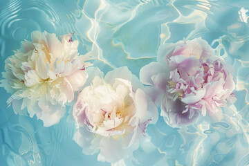 Floating Peonies on Clear Blue Water