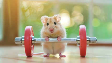 Naklejka premium Funny hamster lifts a barbell, humorous background image of an athlete's mouse
