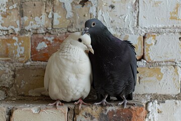 Two doves pigeons sit on a branch and hug, brick wall background