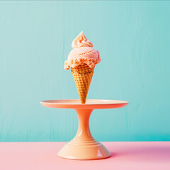 Vanilla ice cream cone on pastel cake stand