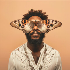 Surreal portrait of man with butterfly covering eyes