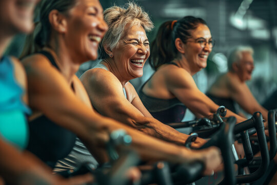 Fitness, laughing and friends at the gym for training, diverse seniors pilates class for active retirement lifestyle. exercise in a group for a workout, cardio or yoga in a studio 