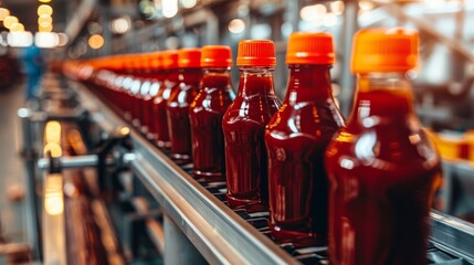 Efficient ketchup bottling process in a standardized factory environment for optimal production