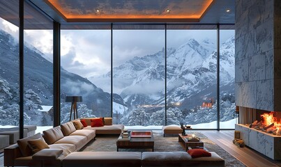  Cozy living room with large windows with breathtaking views of the snow-capped mountains
