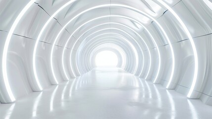 Illuminated 3D tunnel stage with white background, creating a captivating abstract space. 