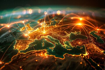 Glowing global network with illuminated lines and nodes