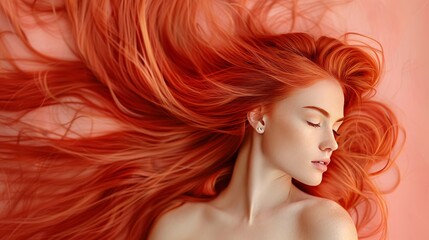 Naklejka premium Red haired girl portrait on pastel background with ample space for text placement