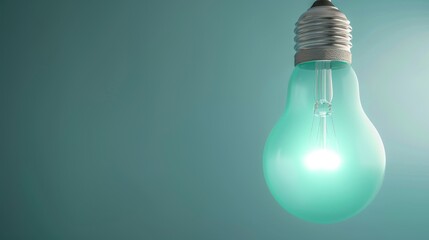 A light bulb glowing with a soft teal light, suspended against a clean, minimalist background, creating a serene atmosphere.
