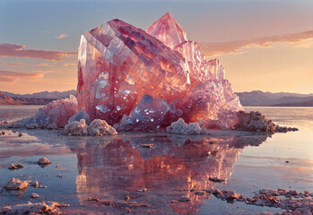 Crystal Rose Quartz in the desert on a lake at sunset