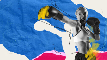Focused and determined woman, boxing athlete in gloves showing strength and power, motivation to...