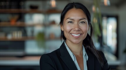 Fototapeta premium Professional Asian Businesswoman Smiling in Modern Office Environment, Perfect for Corporate and Business Themes